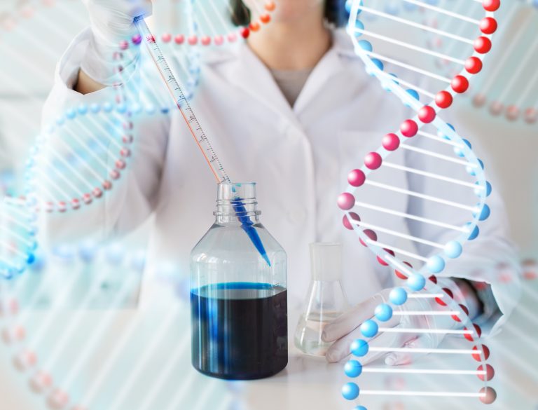 Woman scientist working with peptides chains to create health products.