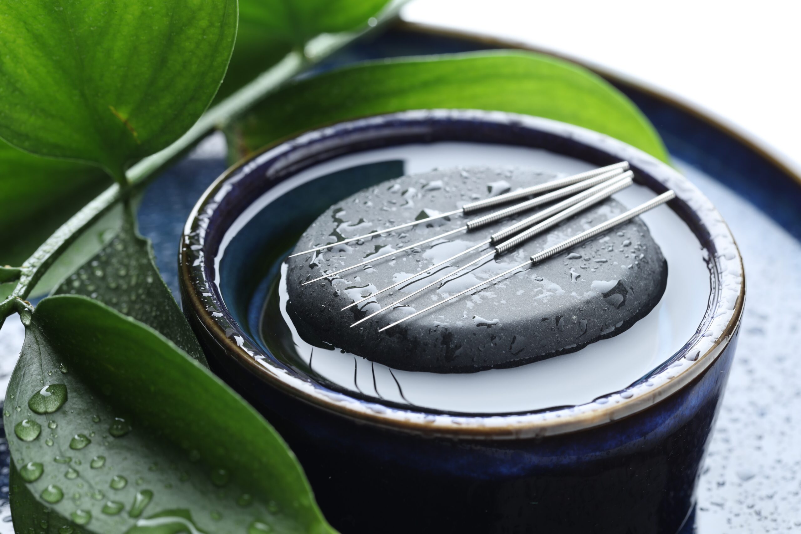 Acupuncture needles, wet spa stone and leaves on blue tray, closeup